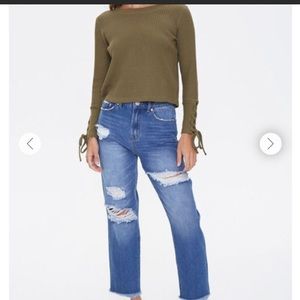 Green Waffle Knit Cropped Long Sleeve Top with Lace Up Tie Sleeves NWOT